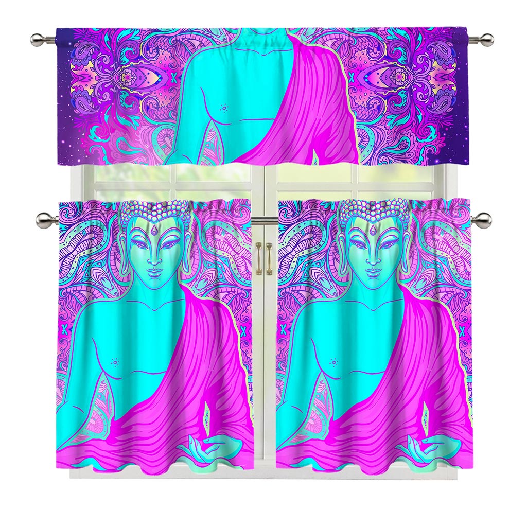 Purple And Teal Buddha Print 3 Piece Kitchen Curtains