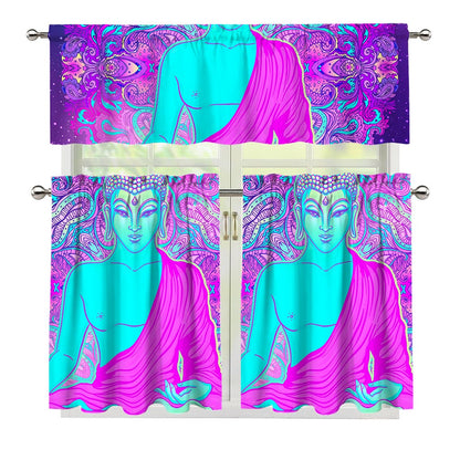 Purple And Teal Buddha Print 3 Piece Kitchen Curtains