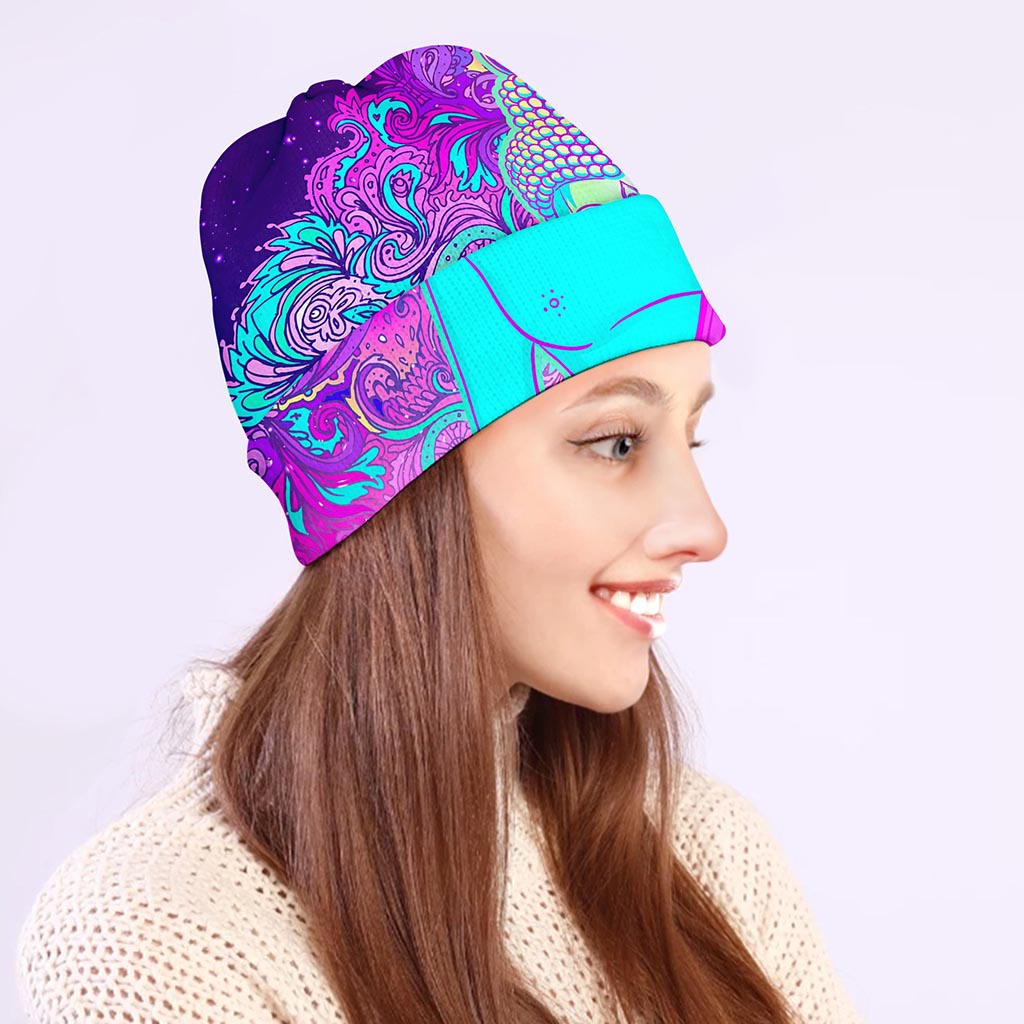 Purple And Teal Buddha Print Beanie