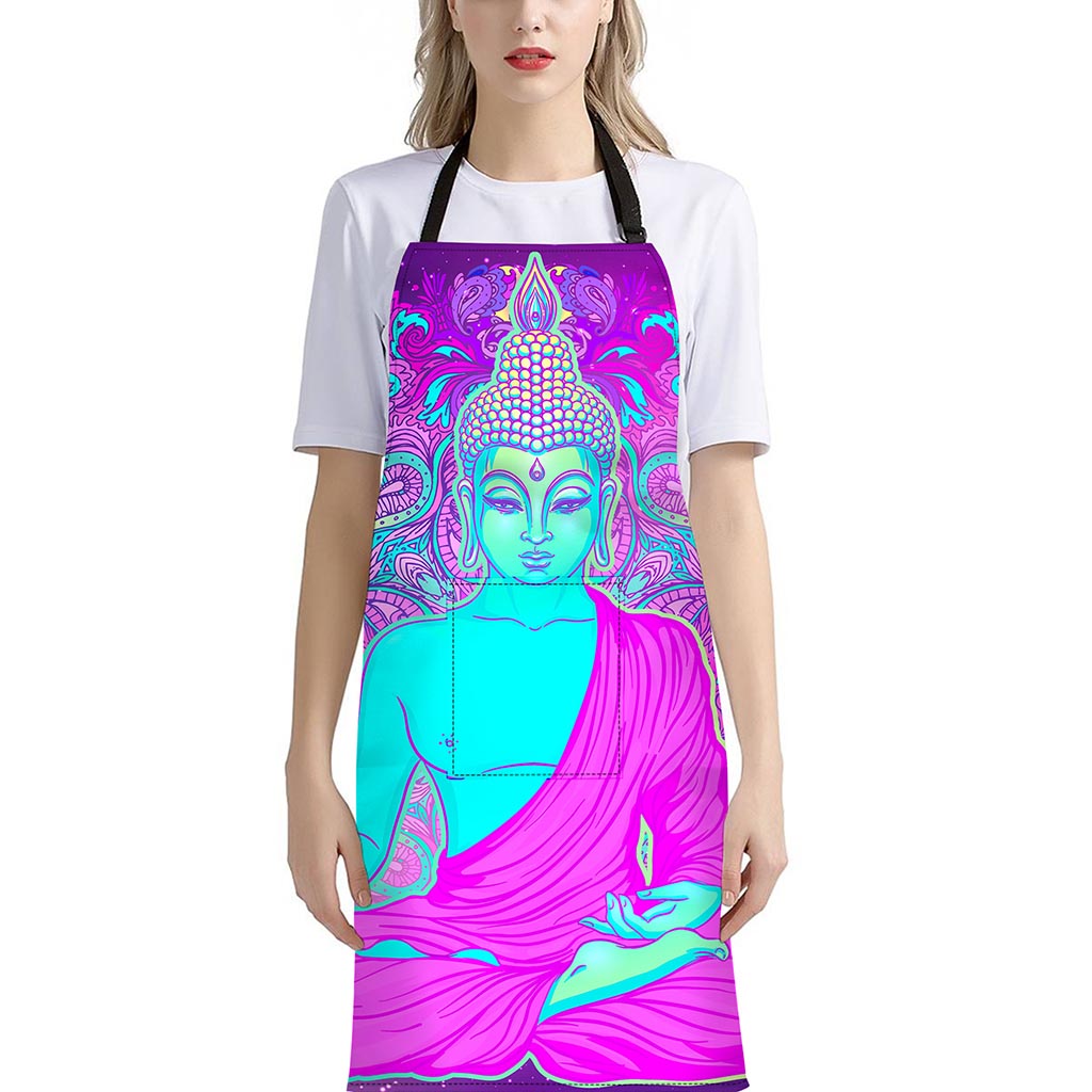 Purple And Teal Buddha Print Bib Apron With Pocket