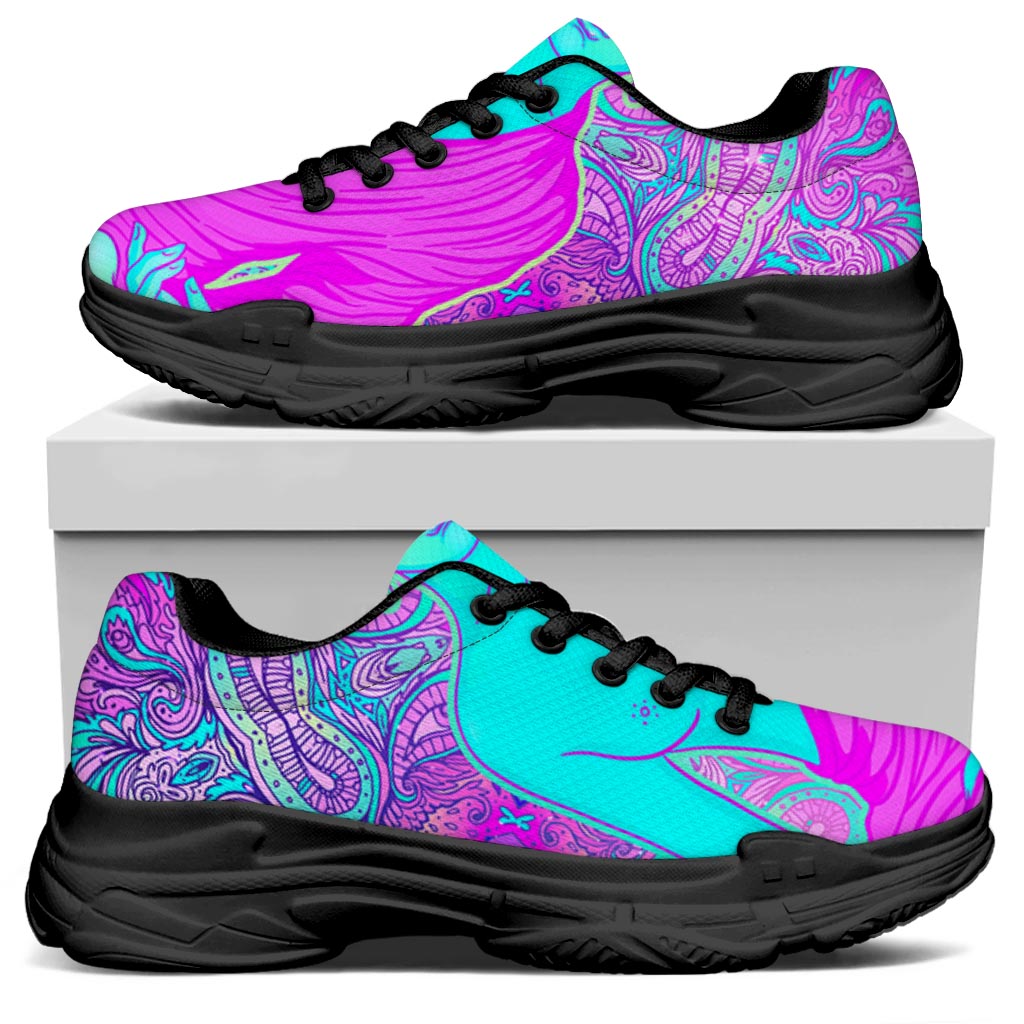 Purple And Teal Buddha Print Black Chunky Shoes