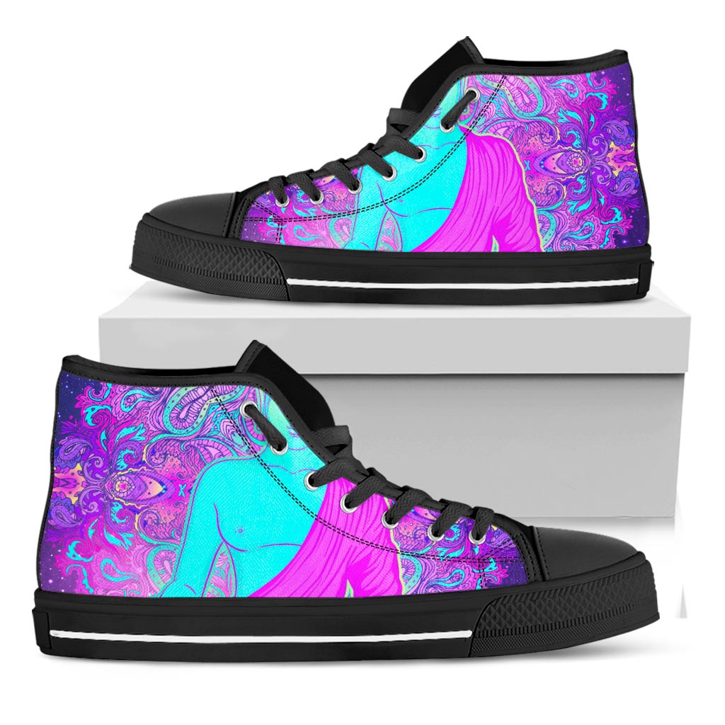 Purple And Teal Buddha Print Black High Top Sneakers