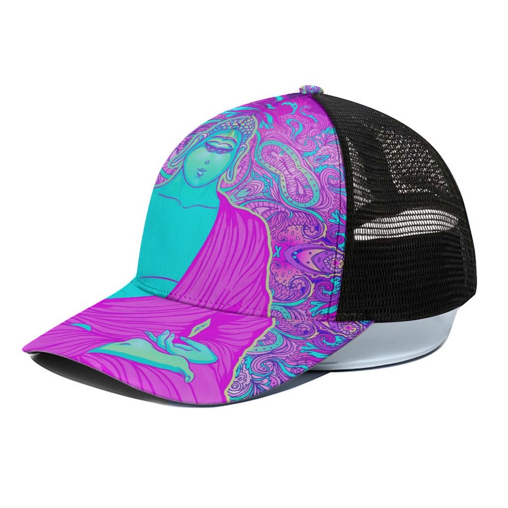 Purple And Teal Buddha Print Black Mesh Trucker Cap