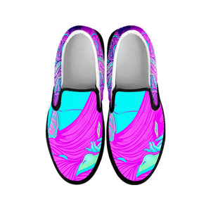 Purple And Teal Buddha Print Black Slip On Sneakers