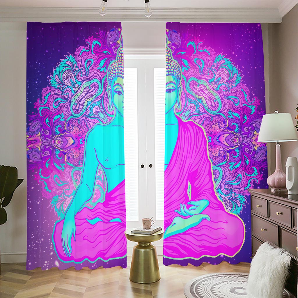 Purple And Teal Buddha Print Blackout Pencil Pleat Curtains