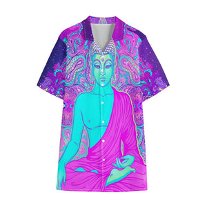 Purple And Teal Buddha Print Cotton Hawaiian Shirt