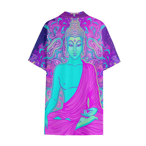 Purple And Teal Buddha Print Cotton Hawaiian Shirt