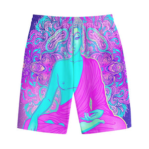 Purple And Teal Buddha Print Cotton Shorts