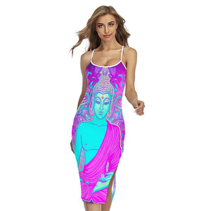 Purple And Teal Buddha Print Cross Back Cami Dress