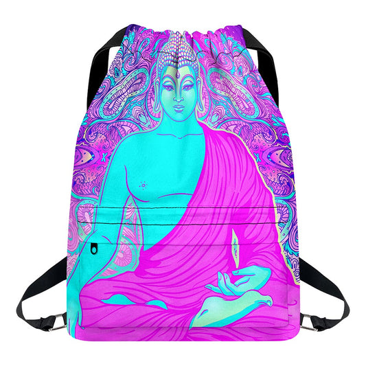 Purple And Teal Buddha Print Drawstring Backpack