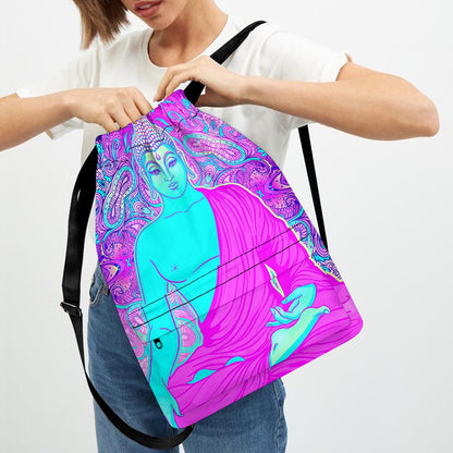 Purple And Teal Buddha Print Drawstring Backpack
