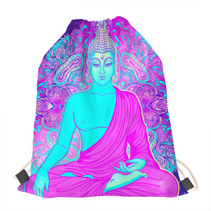 Purple And Teal Buddha Print Drawstring Bag