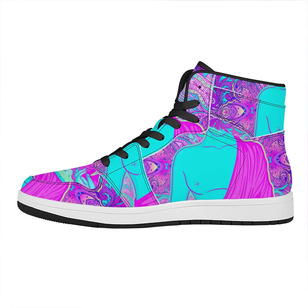 Purple And Teal Buddha Print High Top Leather Sneakers