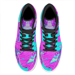 Purple And Teal Buddha Print High Top Leather Sneakers