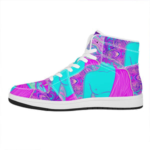 Purple And Teal Buddha Print High Top Leather Sneakers