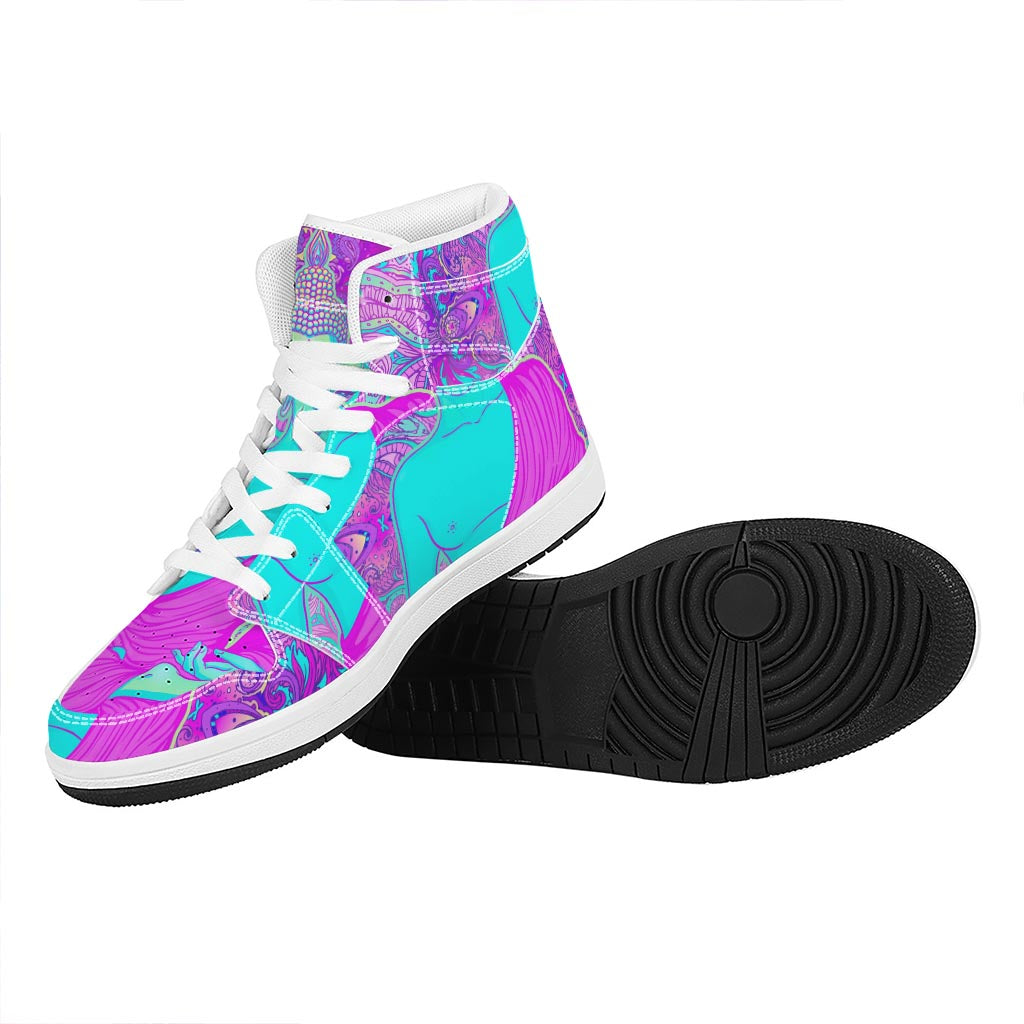 Purple And Teal Buddha Print High Top Leather Sneakers