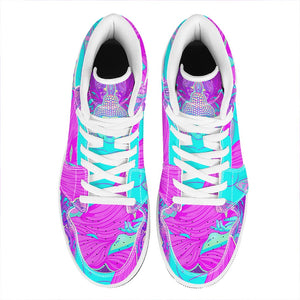 Purple And Teal Buddha Print High Top Leather Sneakers