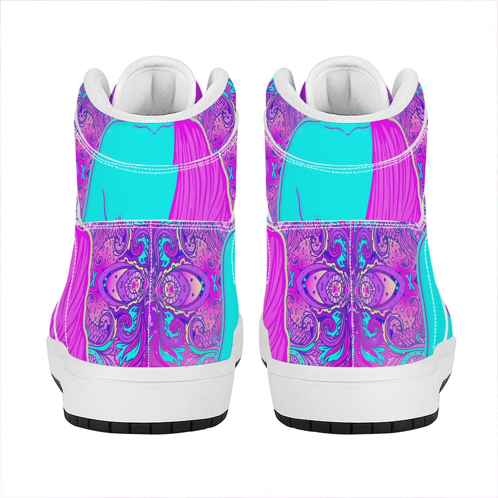 Purple And Teal Buddha Print High Top Leather Sneakers