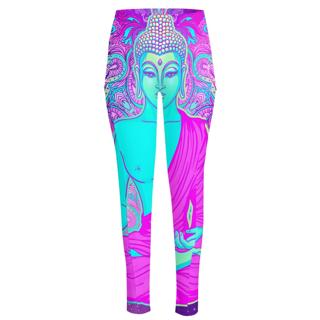 Purple And Teal Buddha Print High-Waisted Pocket Leggings