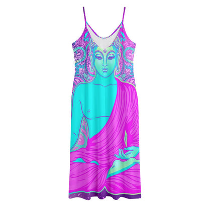 Purple And Teal Buddha Print Jersey Midi Cami Dress