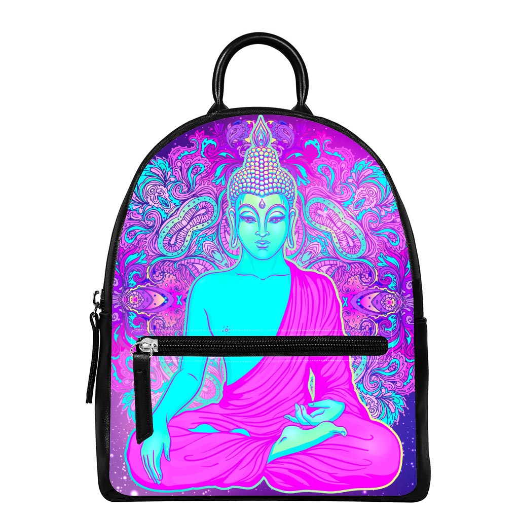 Purple And Teal Buddha Print Leather Backpack