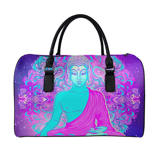 Purple And Teal Buddha Print Leather Duffle Bag