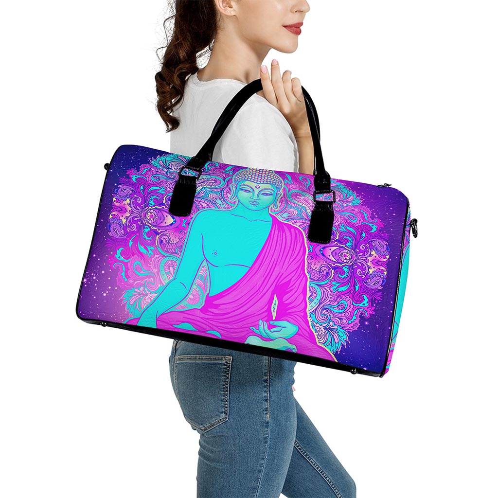 Purple And Teal Buddha Print Leather Duffle Bag