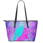 Purple And Teal Buddha Print Leather Tote Bag