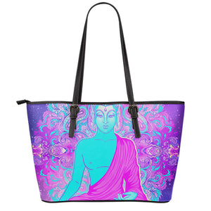 Purple And Teal Buddha Print Leather Tote Bag