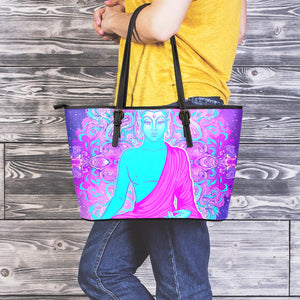 Purple And Teal Buddha Print Leather Tote Bag