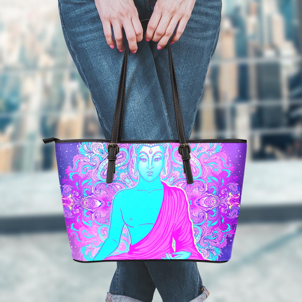 Purple And Teal Buddha Print Leather Tote Bag