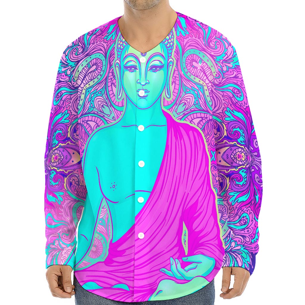 Purple And Teal Buddha Print Long Sleeve Baseball Jersey