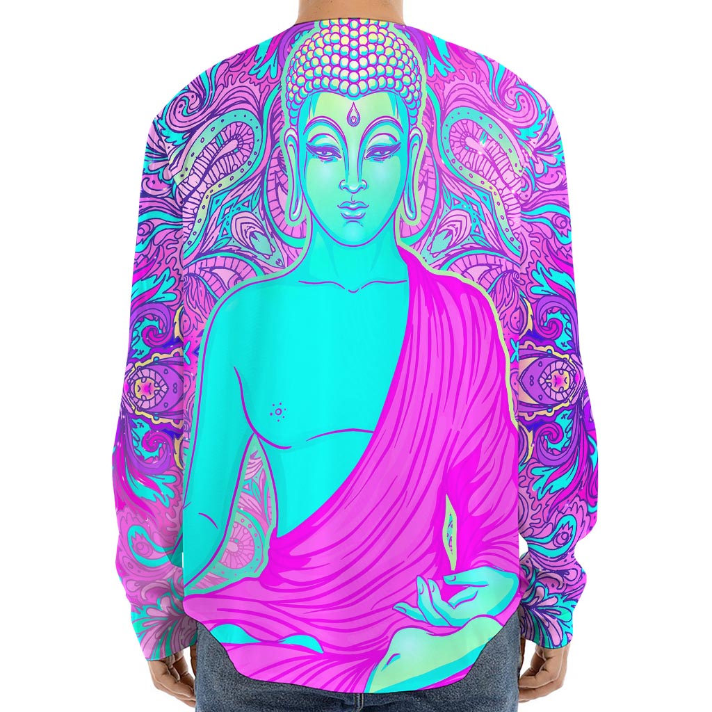 Purple And Teal Buddha Print Long Sleeve Baseball Jersey