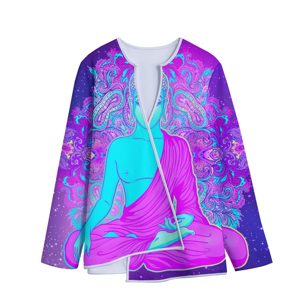 Purple And Teal Buddha Print Long Sleeve Short Coat