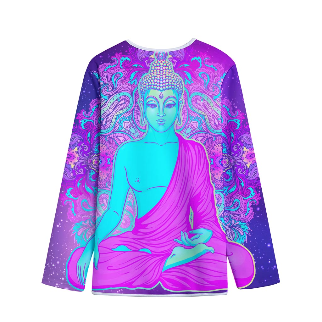 Purple And Teal Buddha Print Long Sleeve Short Coat