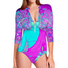 Purple And Teal Buddha Print Long Sleeve Swimsuit