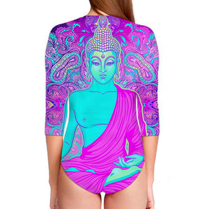 Purple And Teal Buddha Print Long Sleeve Swimsuit