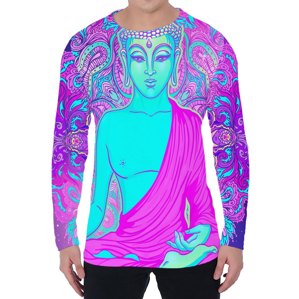 Purple And Teal Buddha Print Men's Long Sleeve T-Shirt