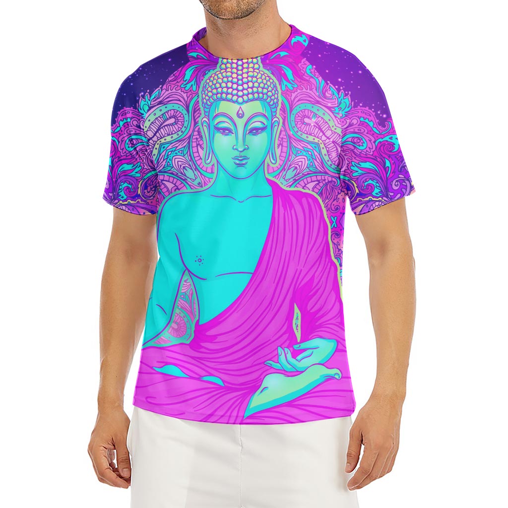 Purple And Teal Buddha Print Men's Short Sleeve Rash Guard