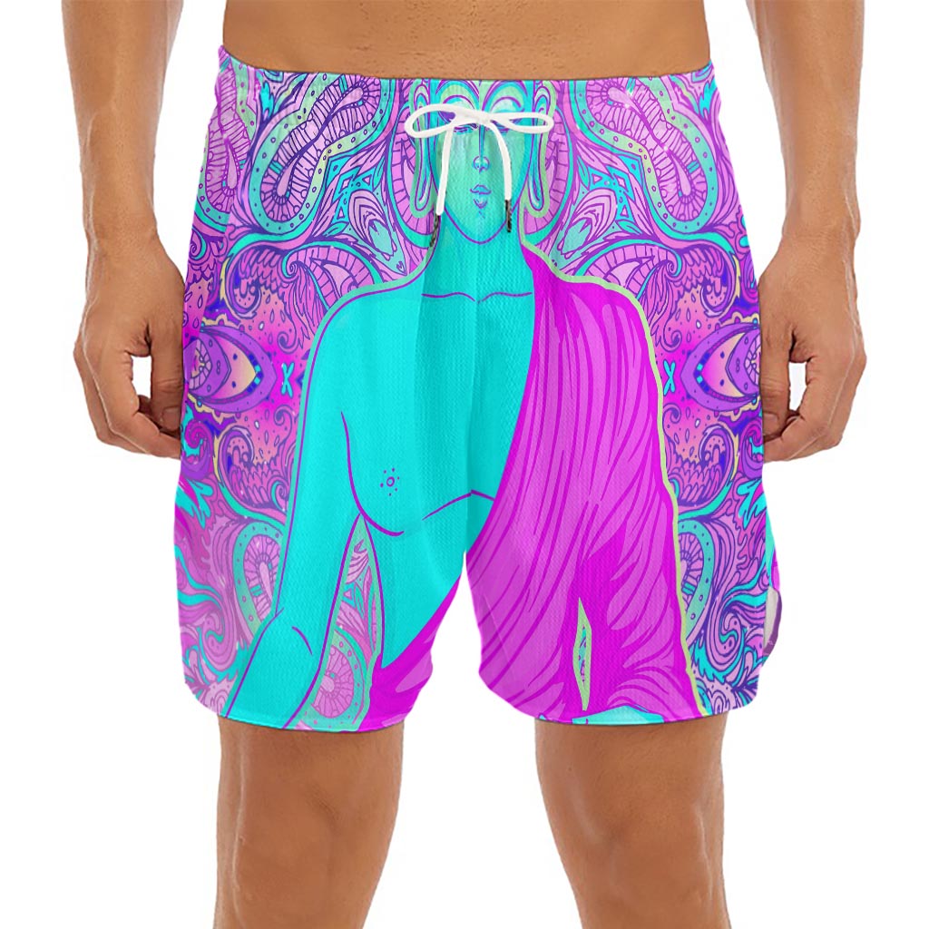 Purple And Teal Buddha Print Men's Split Running Shorts