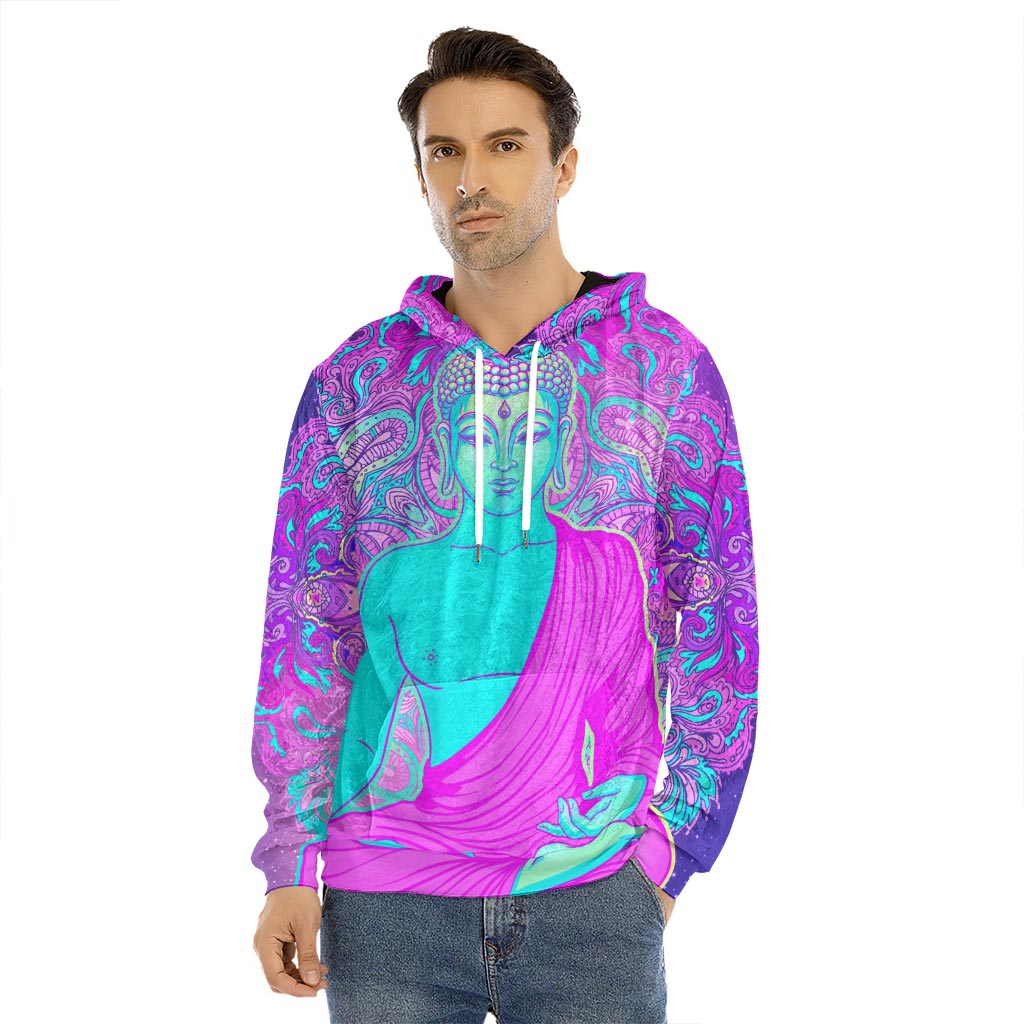 Purple And Teal Buddha Print Men's Velvet Pullover Hoodie