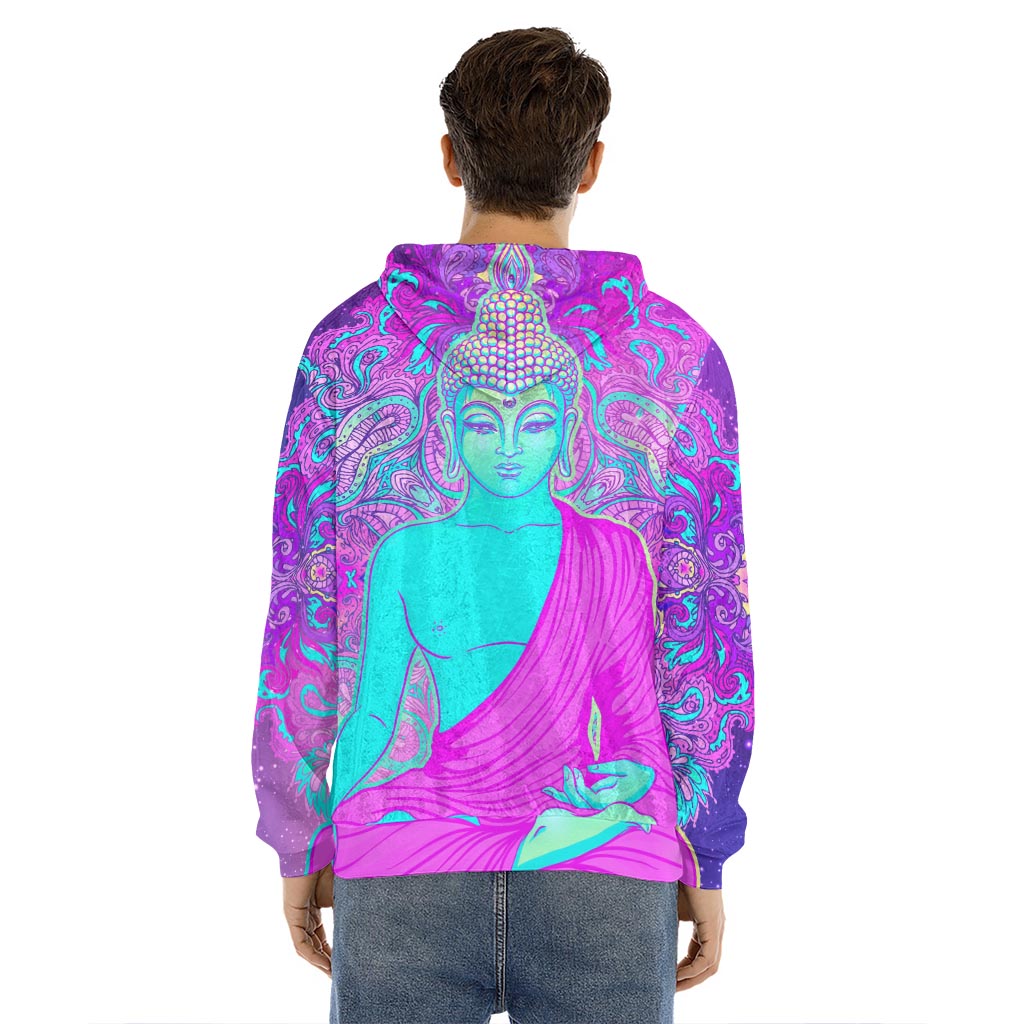 Purple And Teal Buddha Print Men's Velvet Pullover Hoodie