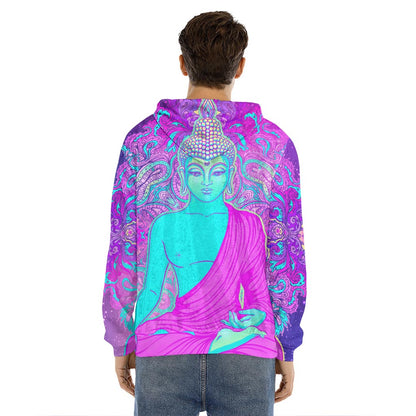 Purple And Teal Buddha Print Men's Velvet Pullover Hoodie