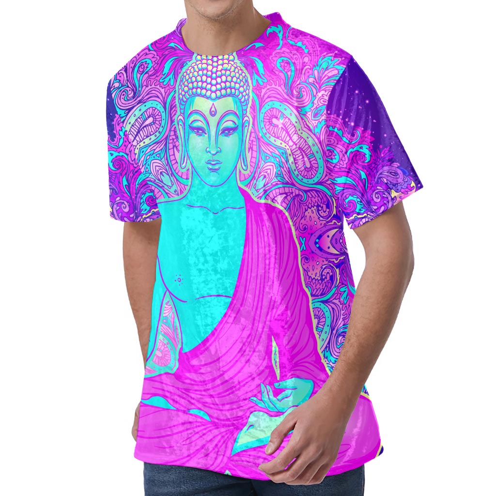 Purple And Teal Buddha Print Men's Velvet T-Shirt