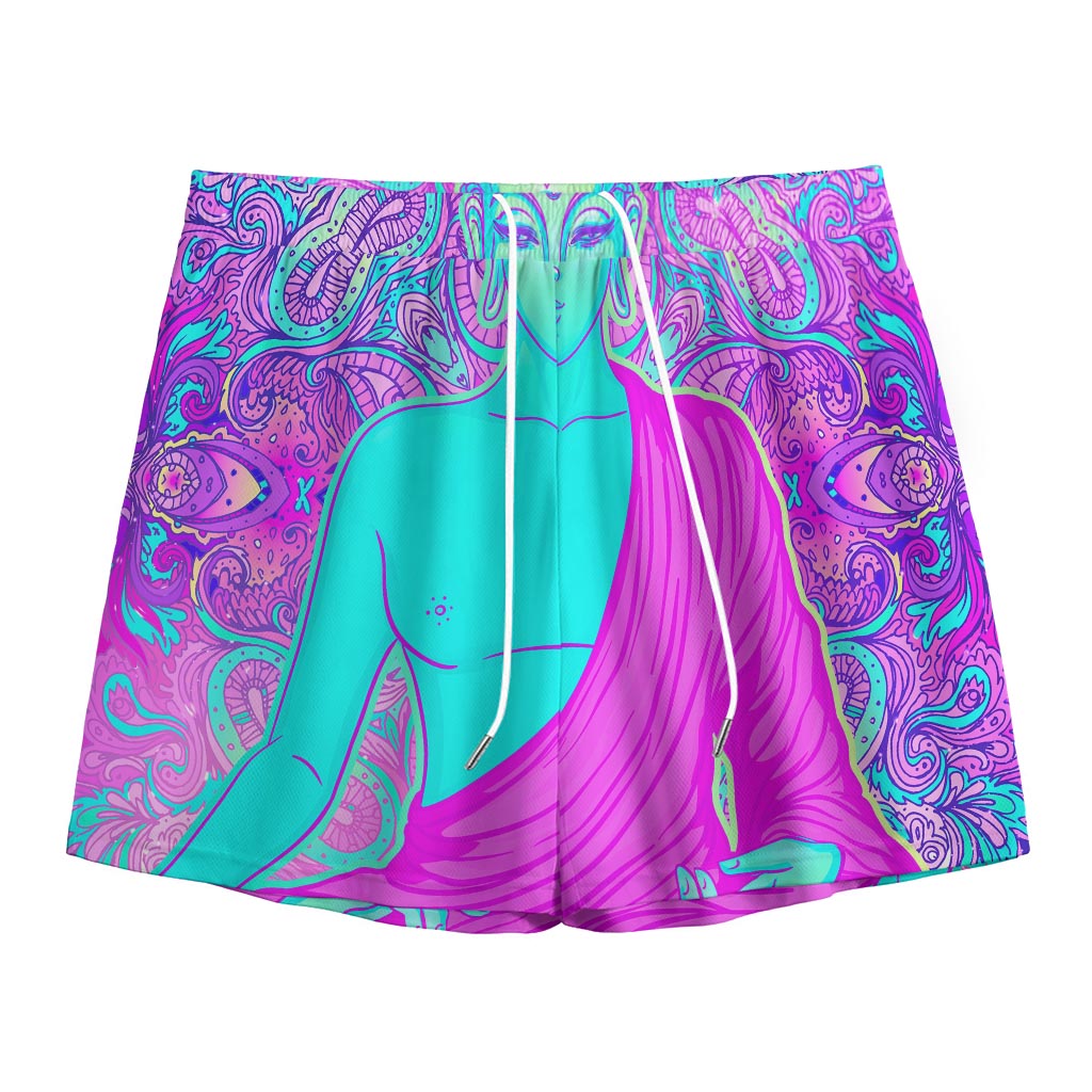 Purple And Teal Buddha Print Mesh Shorts