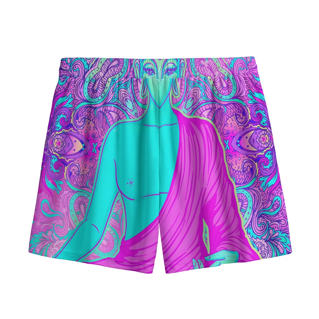 Purple And Teal Buddha Print Mesh Shorts