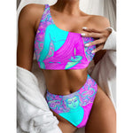 Purple And Teal Buddha Print One Shoulder Bikini Top