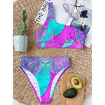 Purple And Teal Buddha Print One Shoulder Bikini Top