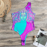 Purple And Teal Buddha Print One Shoulder Bodysuit