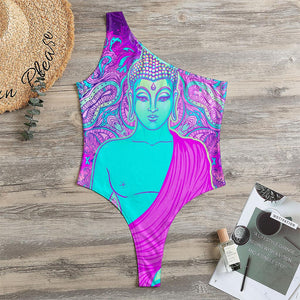 Purple And Teal Buddha Print One Shoulder Bodysuit